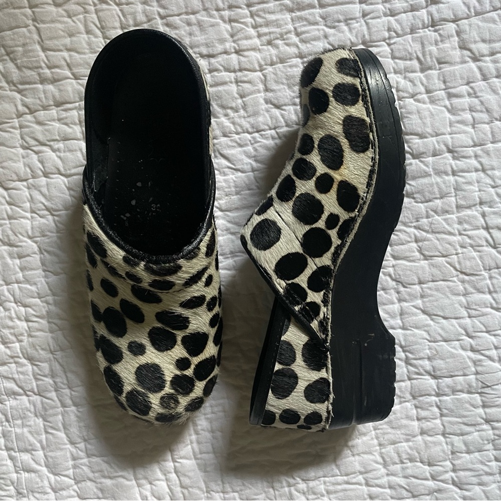 SOLD Dansko Black and White Polka Dot Pony Hair Mules